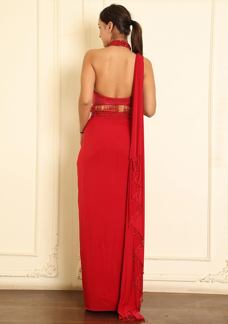 Red Pre-Stitched Saree Set With Hand Emoridered Blouse