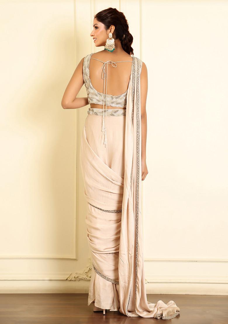 White Pre-Stitched Saree Set With Hand Emoridered Blouse