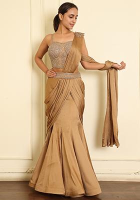 Beige Pre-Stitched Saree Set With Hand Emoridered Blouse