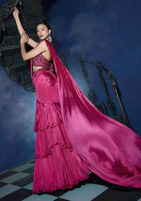 Pink Pre-Stitched Saree Set With Hand Emoridered Blouse