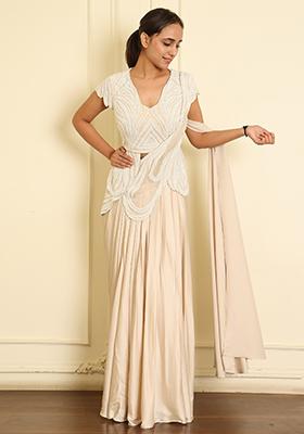 White Pre-Stitched Saree Set With Hand Emoridered Blouse