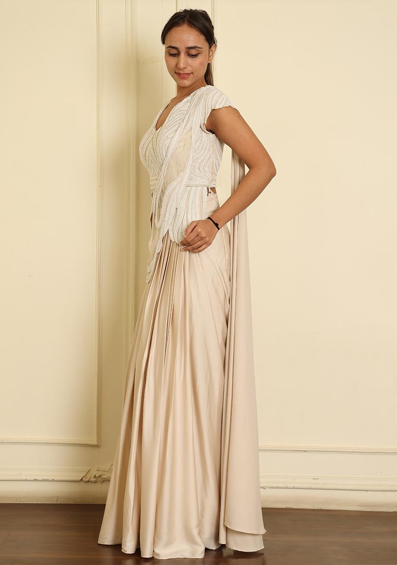 White Pre-Stitched Saree Set With Hand Emoridered Blouse