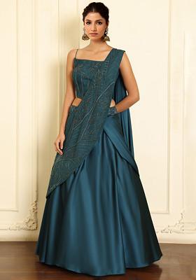 Blue Pre-Stitched Saree Set With Hand Emoridered Blouse