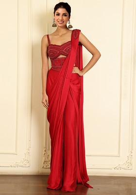 Pink Pre-Stitched Saree Set With Hand Emoridered Blouse