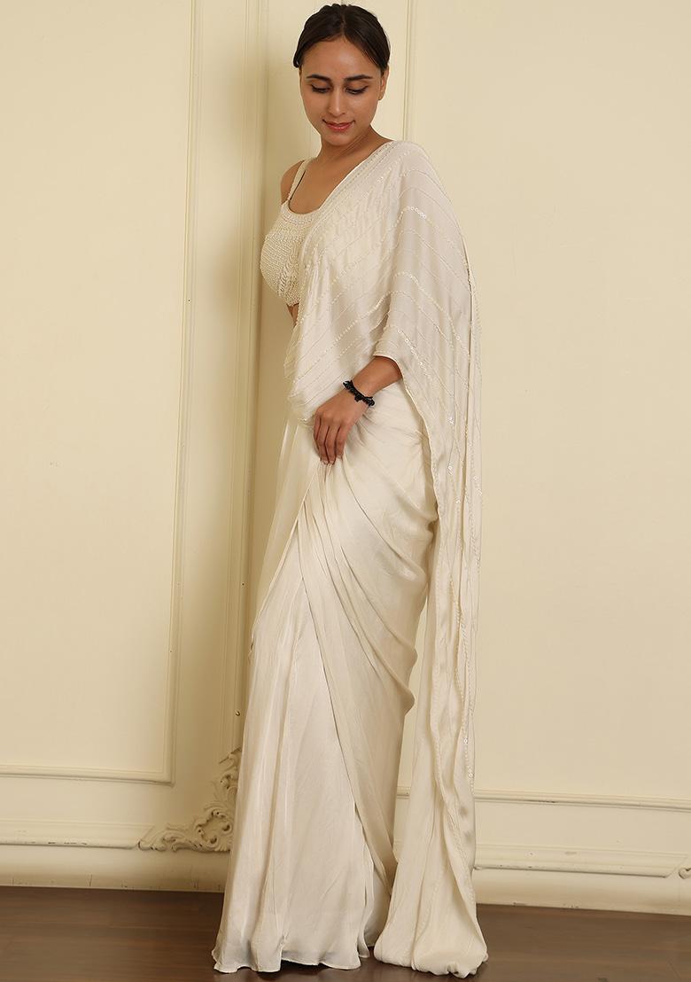 White Pre-Stitched Saree Set With Hand Emoridered Blouse