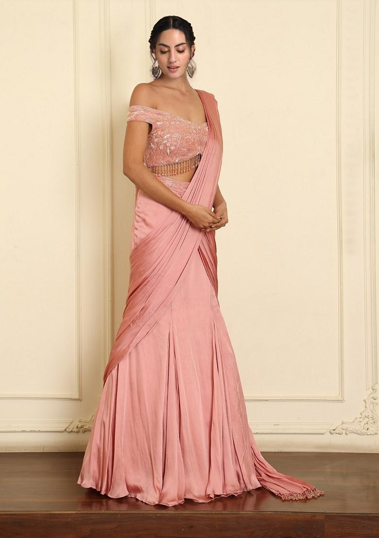 Pink Pre-Stitched Saree Set With Hand Emoridered Blouse