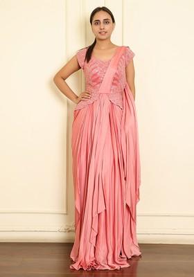 Pink Pre-Stitched Saree Set With Hand Emoridered Blouse