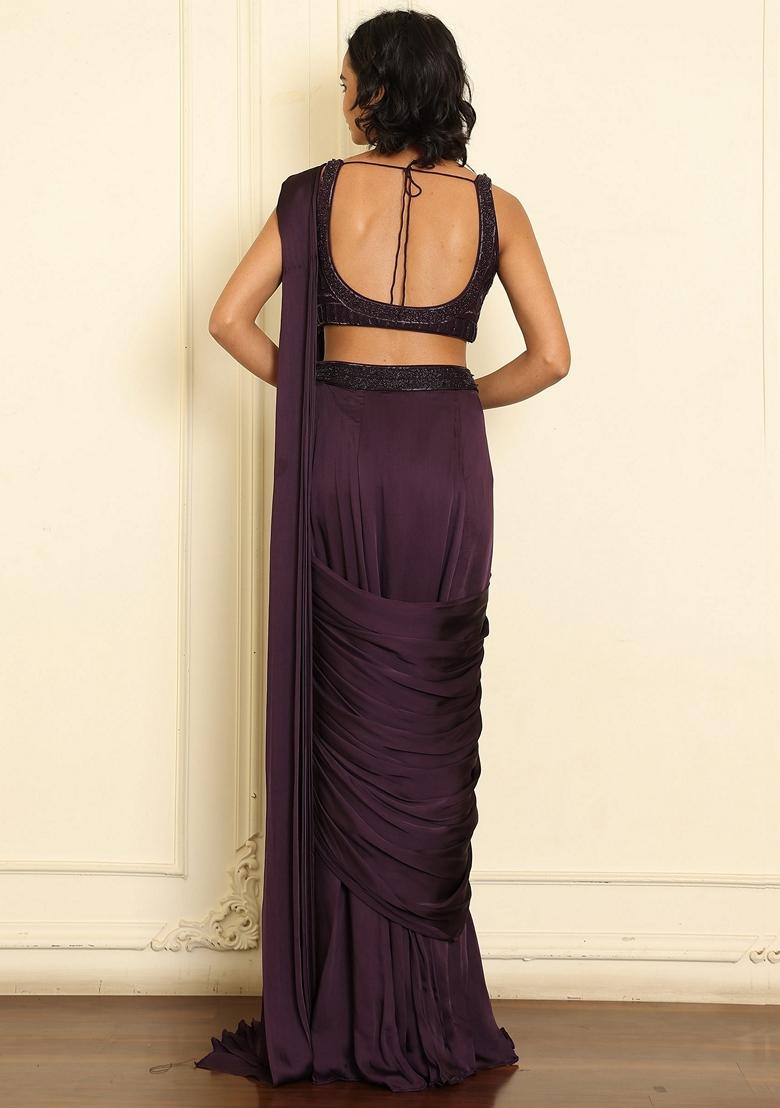 Purple Pre-Stitched Saree Set With Hand Emoridered Blouse