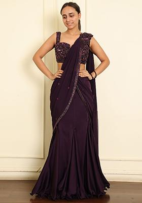 Purple Pre-Stitched Saree Set With Hand Emoridered Blouse