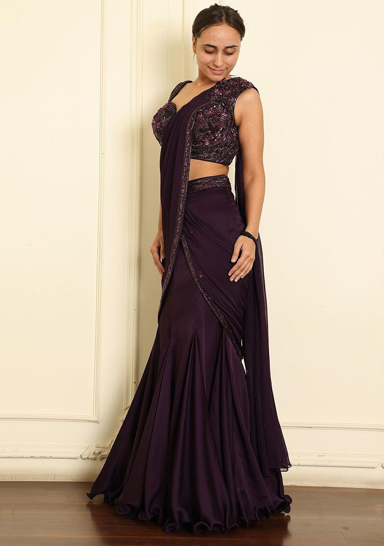 Purple Pre-Stitched Saree Set With Hand Emoridered Blouse