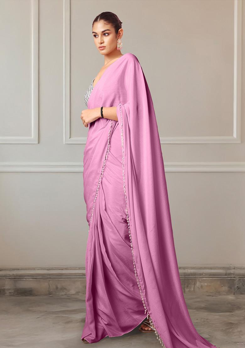 Pink Pre-Stitched Saree Set With Hand Embroidered Blouse
