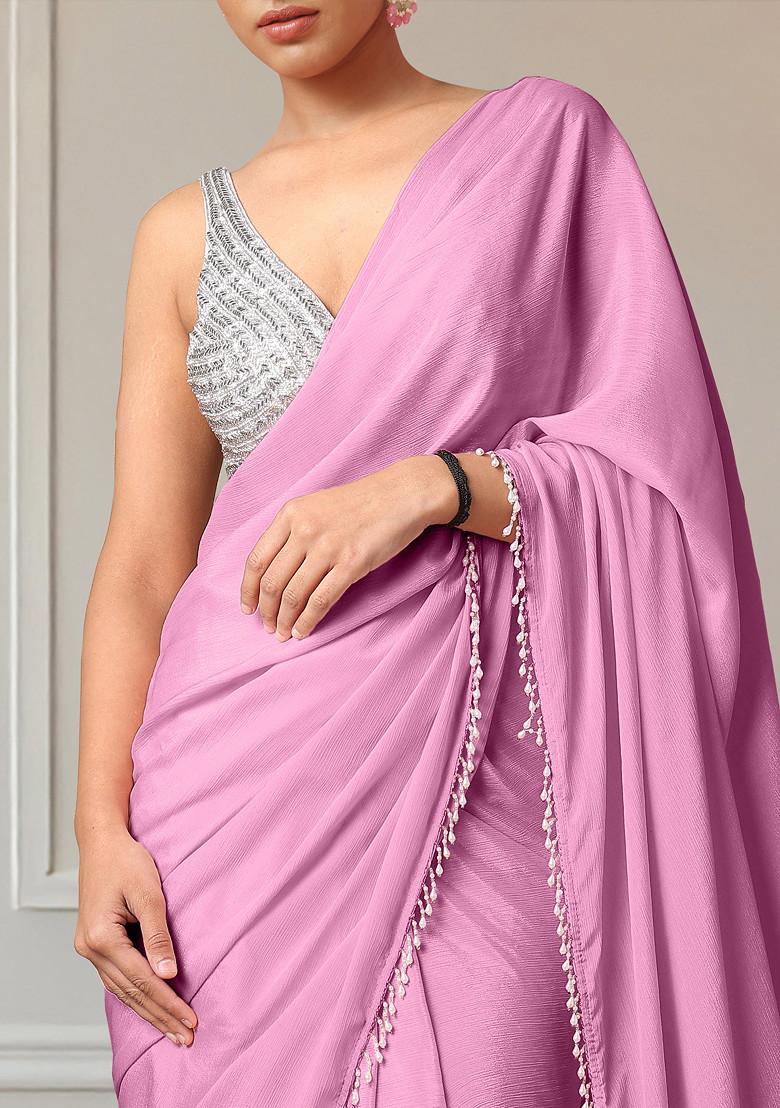 Pink Pre-Stitched Saree Set With Hand Embroidered Blouse