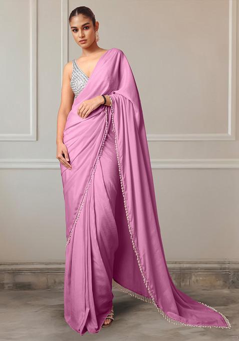 Pink Pre-Stitched Saree Set With Hand Embroidered Blouse