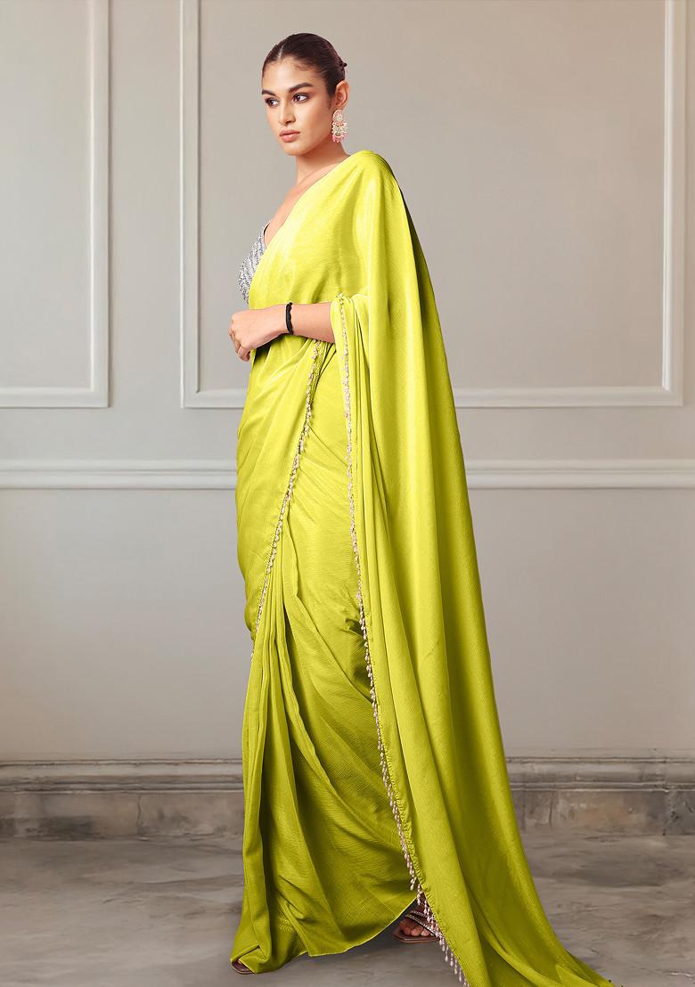 Green Pre-Stitched Saree Set With Hand Embroidered Blouse