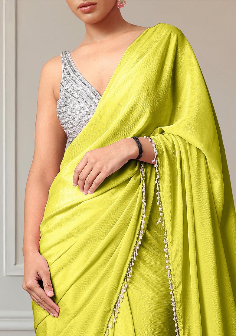 Green Pre-Stitched Saree Set With Hand Embroidered Blouse