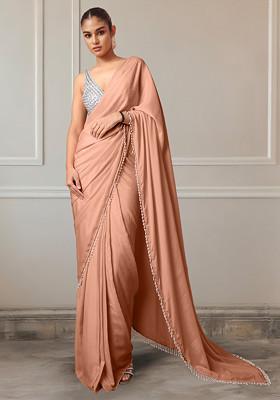 Beige Pre-Stitched Saree Set With Hand Embroidered Blouse