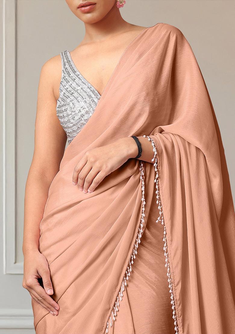 Beige Pre-Stitched Saree Set With Hand Embroidered Blouse