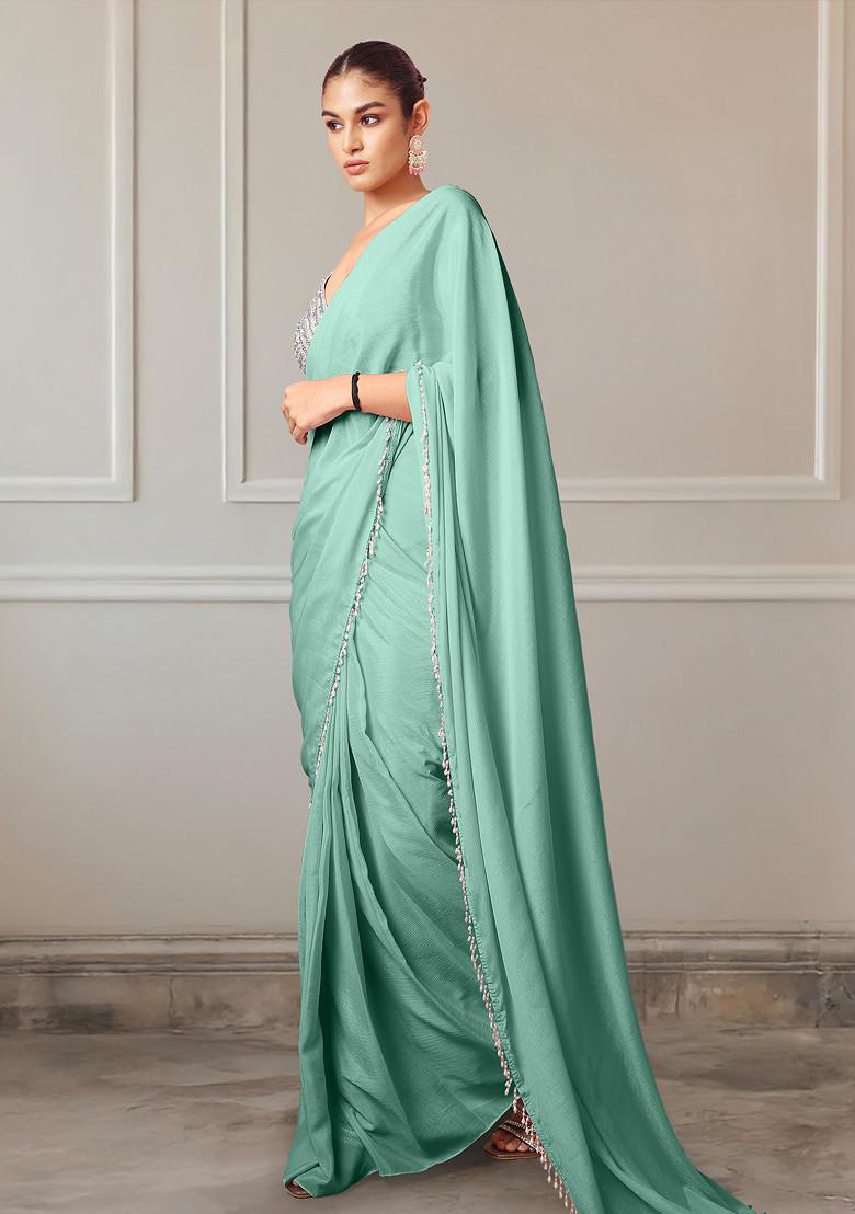 Blue Pre-Stitched Saree Set With Hand Embroidered Blouse