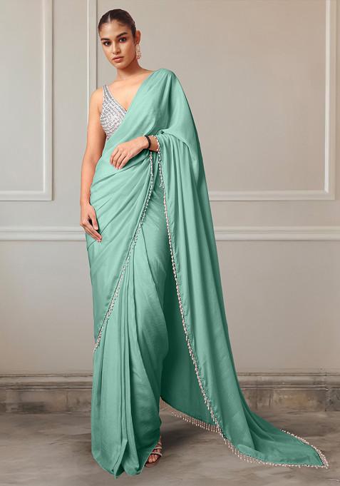 Blue Pre-Stitched Saree Set With Hand Embroidered Blouse