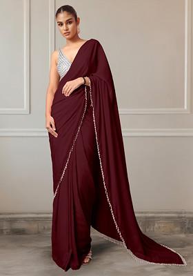 Brown Pre-Stitched Saree Set With Hand Embroidered Blouse