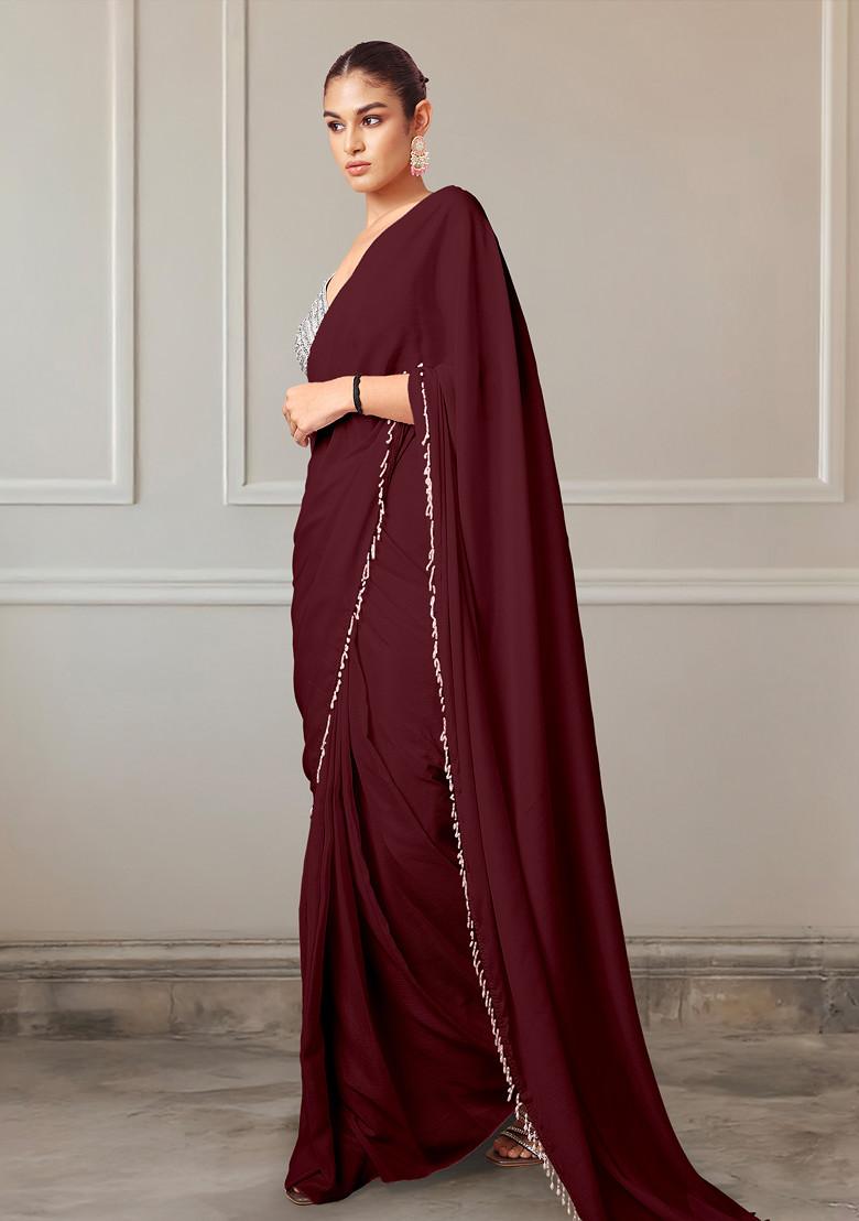 Brown Pre-Stitched Saree Set With Hand Embroidered Blouse