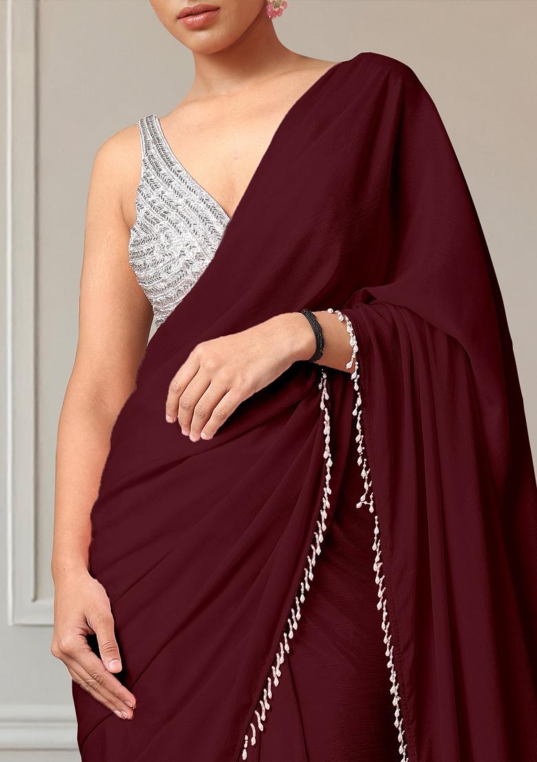 Brown Pre-Stitched Saree Set With Hand Embroidered Blouse