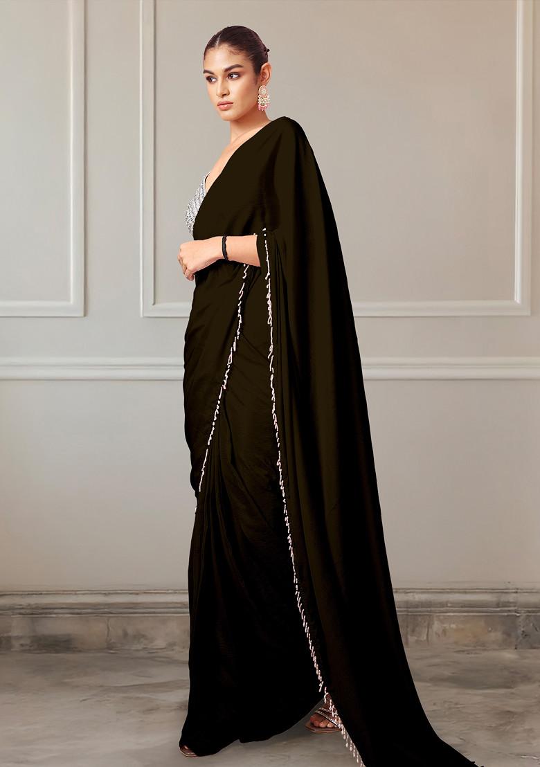 Green Pre-Stitched Saree Set With Hand Embroidered Blouse