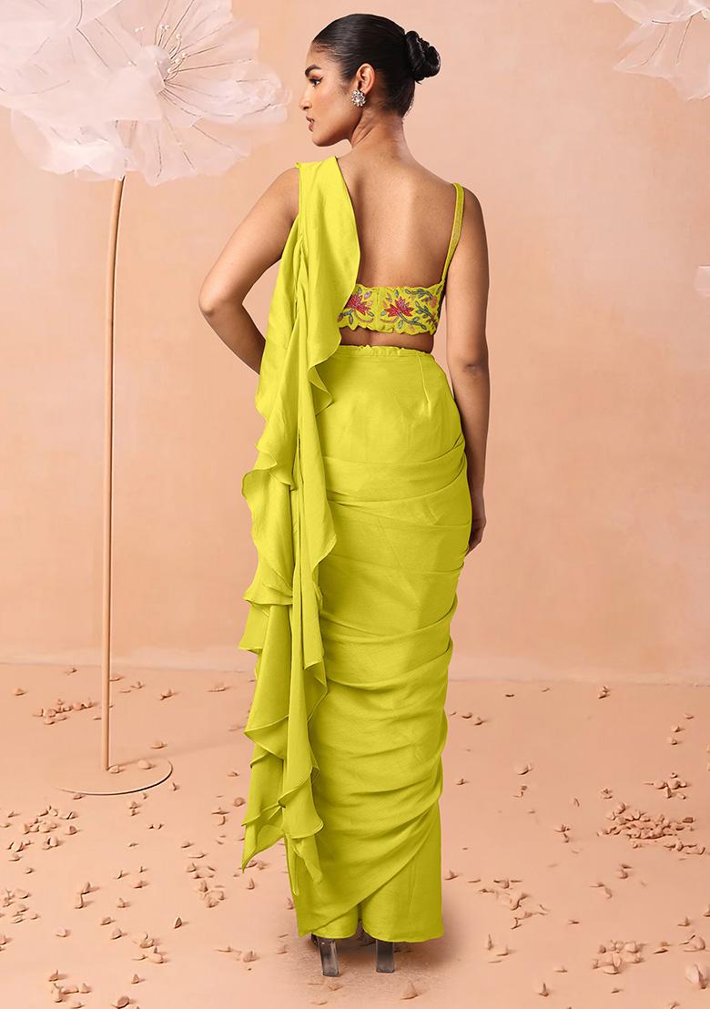 Yellow Pre-Stitched Saree Set With Hand Embroidered Blouse