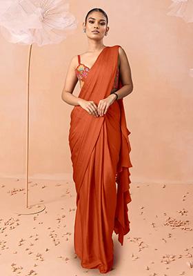 Orange Pre-Stitched Saree Set With Hand Embroidered Blouse