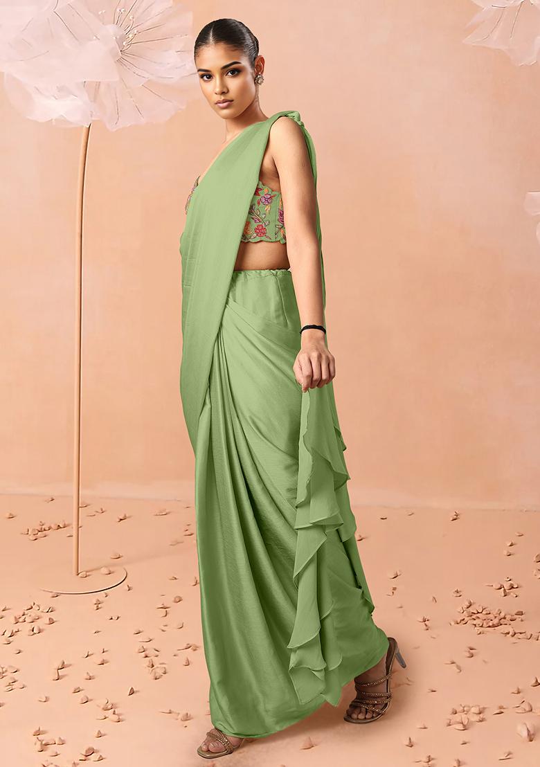 Green Pre-Stitched Saree Set With Hand Embroidered Blouse