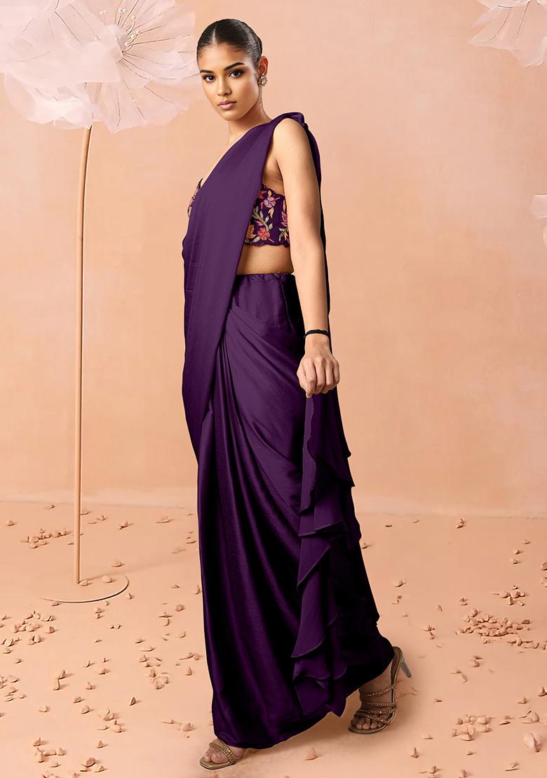 Purple Pre-Stitched Saree Set With Hand Embroidered Blouse