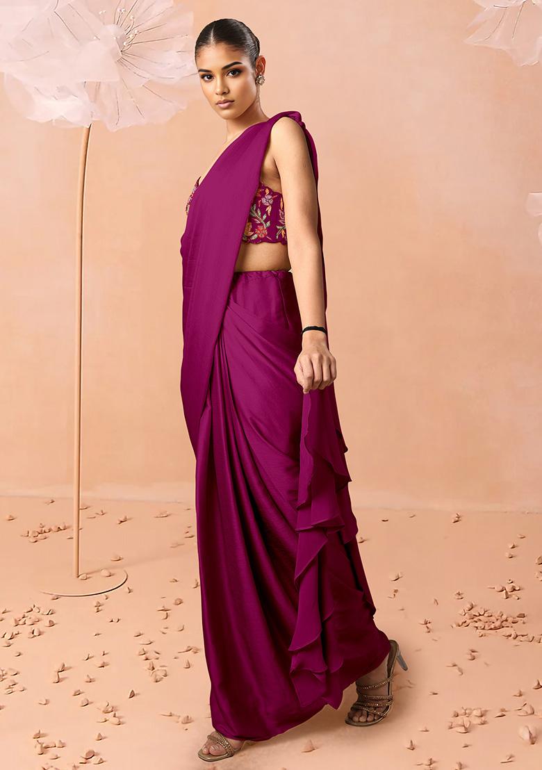 Purple Pre-Stitched Saree Set With Hand Embroidered Blouse