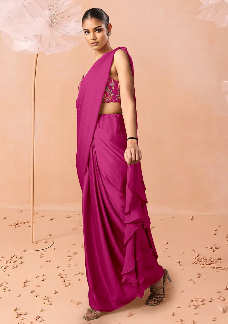 Pink Pre-Stitched Saree Set With Hand Embroidered Blouse