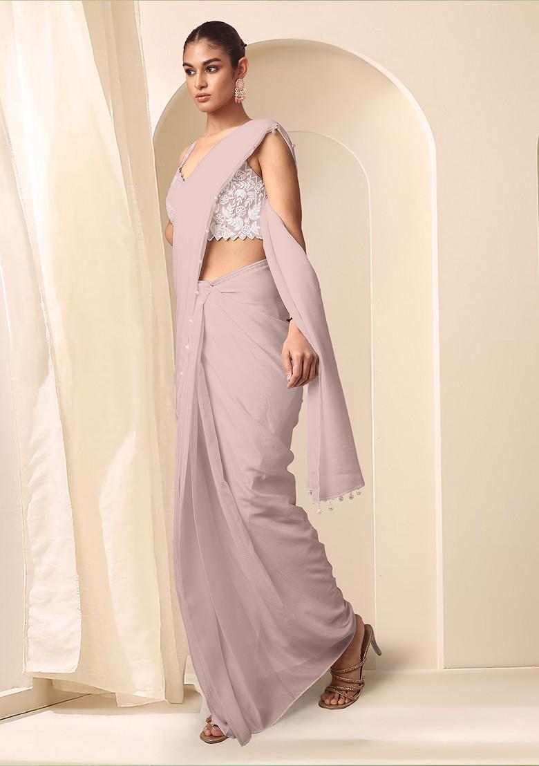 Pink Pre-Stitched Saree Set With Hand Embroidered Blouse