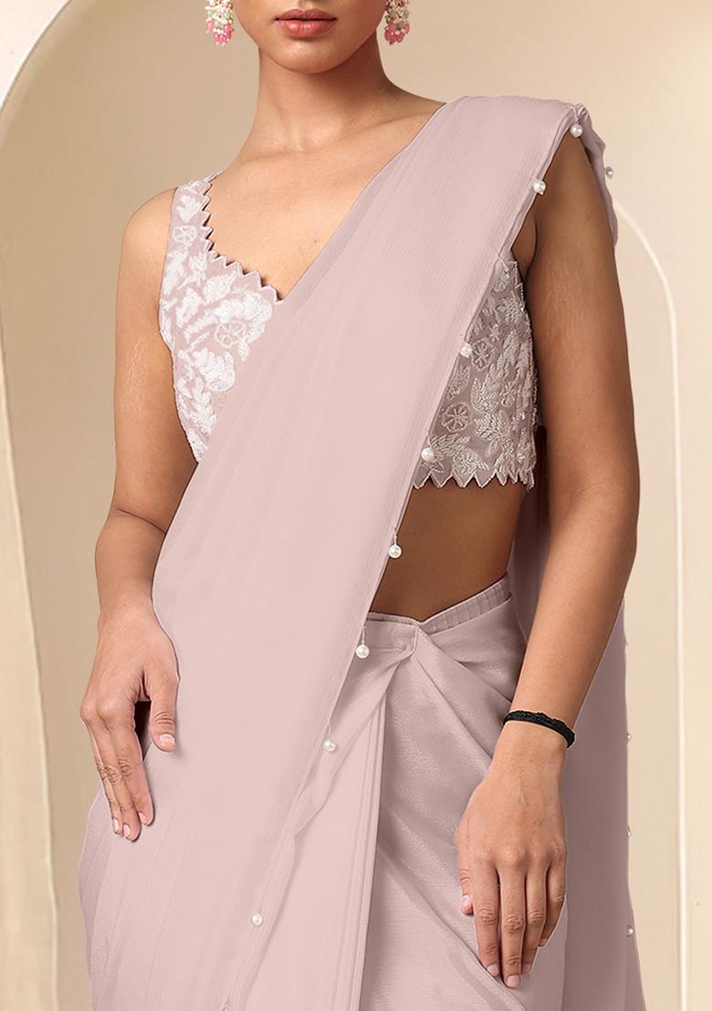 Pink Pre-Stitched Saree Set With Hand Embroidered Blouse