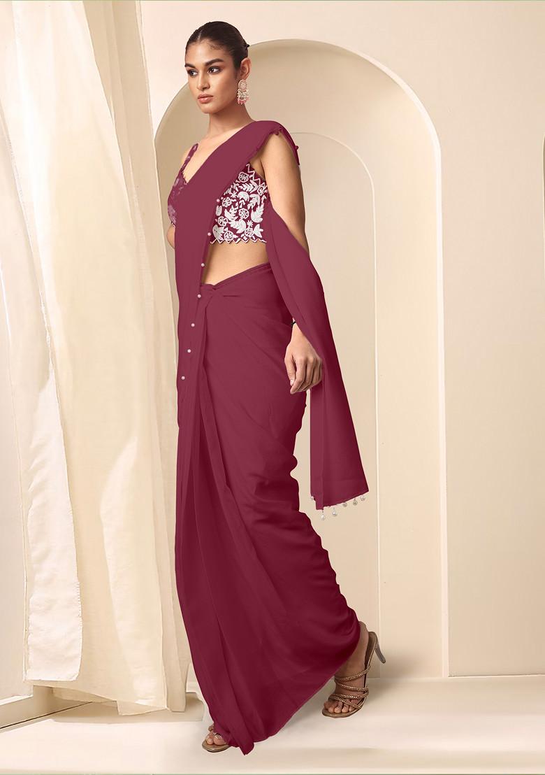 Maroon Pre-Stitched Saree Set With Hand Embroidered Blouse