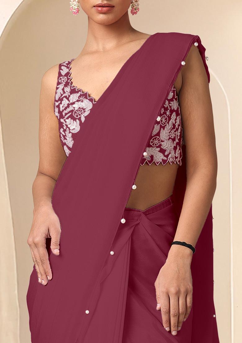 Maroon Pre-Stitched Saree Set With Hand Embroidered Blouse