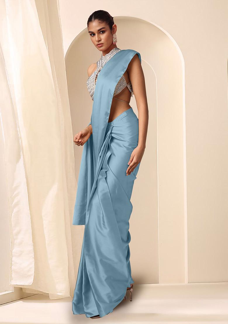 Blue Pre-Stitched Saree Set With Hand Embroidered Blouse