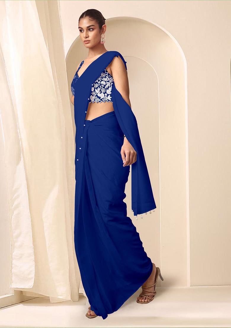Blue Pre-Stitched Saree Set With Hand Embroidered Blouse