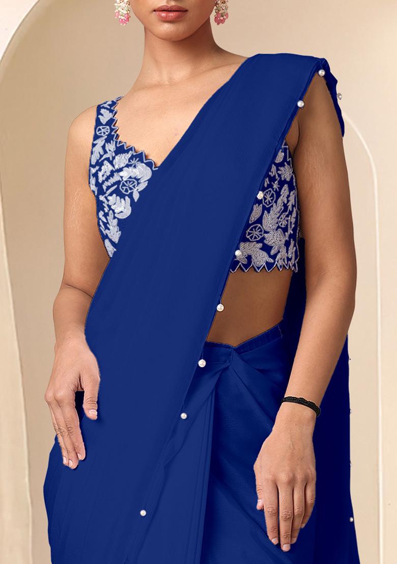 Blue Pre-Stitched Saree Set With Hand Embroidered Blouse