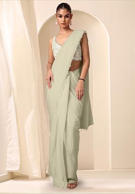 Beige Pre-Stitched Saree Set With Hand Embroidered Blouse