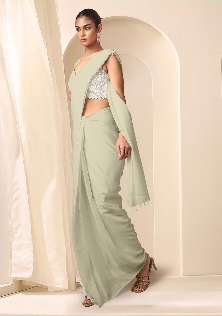 Beige Pre-Stitched Saree Set With Hand Embroidered Blouse