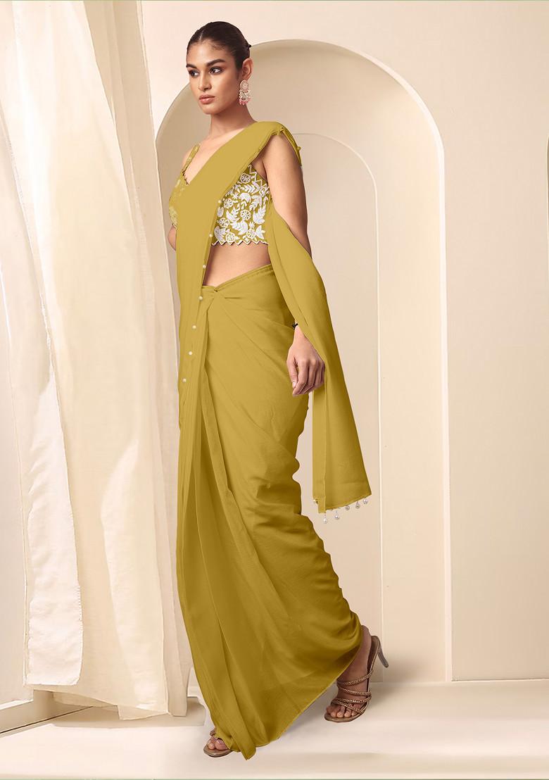 Yellow Pre-Stitched Saree Set With Hand Embroidered Blouse