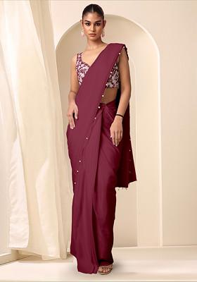 Maroon Pre-Stitched Saree Set With Hand Embroidered Blouse