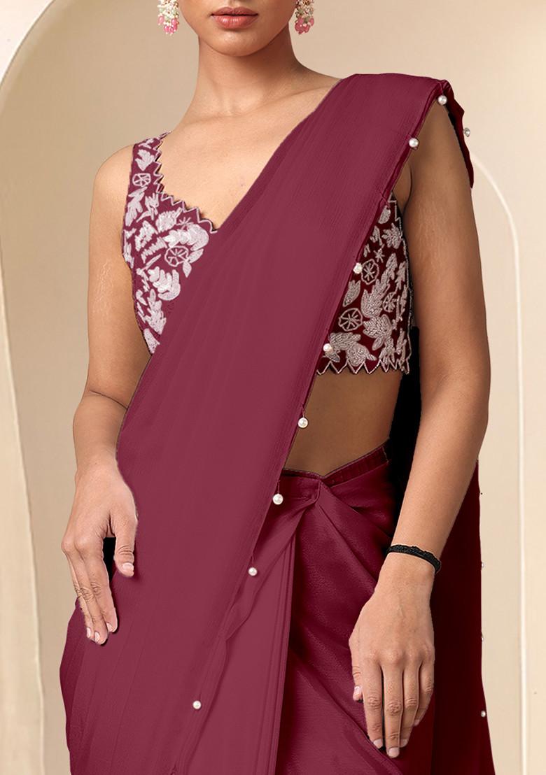Maroon Pre-Stitched Saree Set With Hand Embroidered Blouse