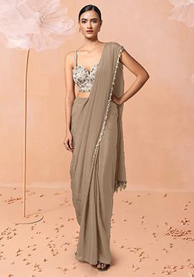 Beige Pre-Stitched Saree Set With Hand Embroidered Blouse