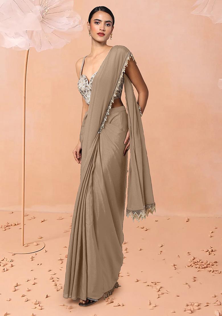 Beige Pre-Stitched Saree Set With Hand Embroidered Blouse