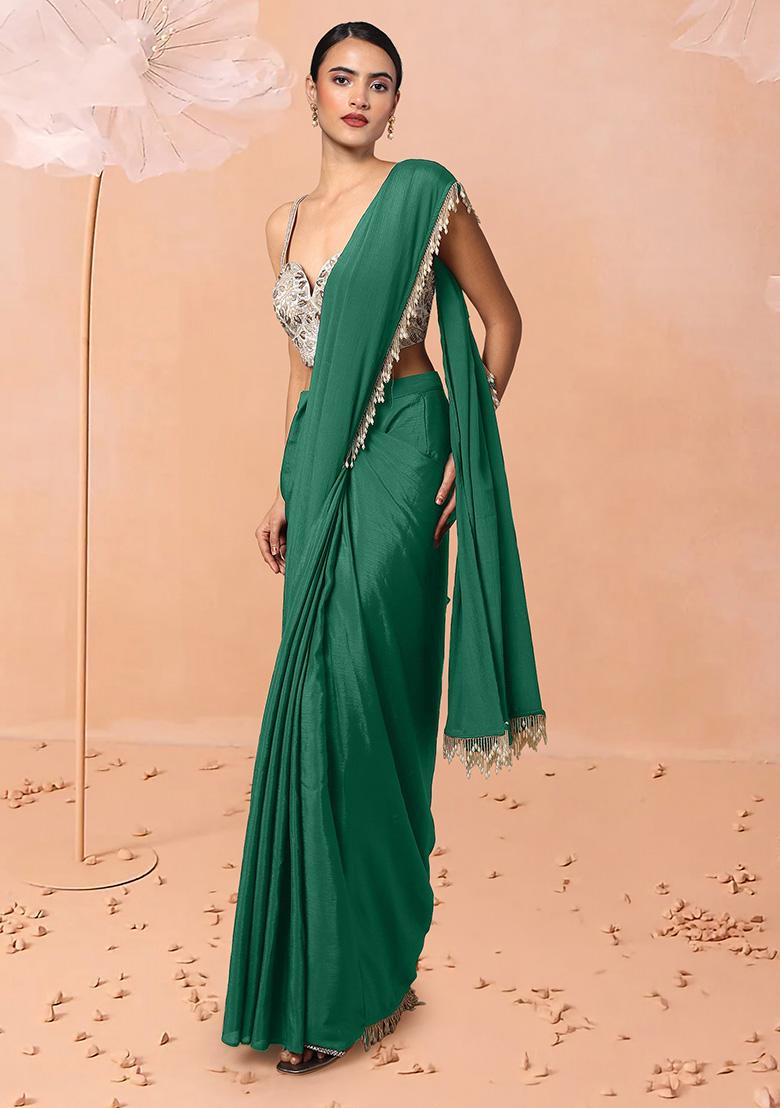 Green Pre-Stitched Saree Set With Hand Embroidered Blouse
