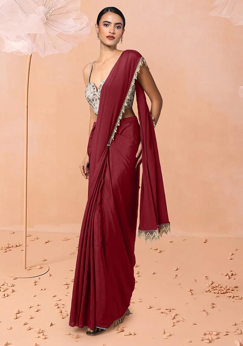 Maroon Pre-Stitched Saree Set With Hand Embroidered Blouse