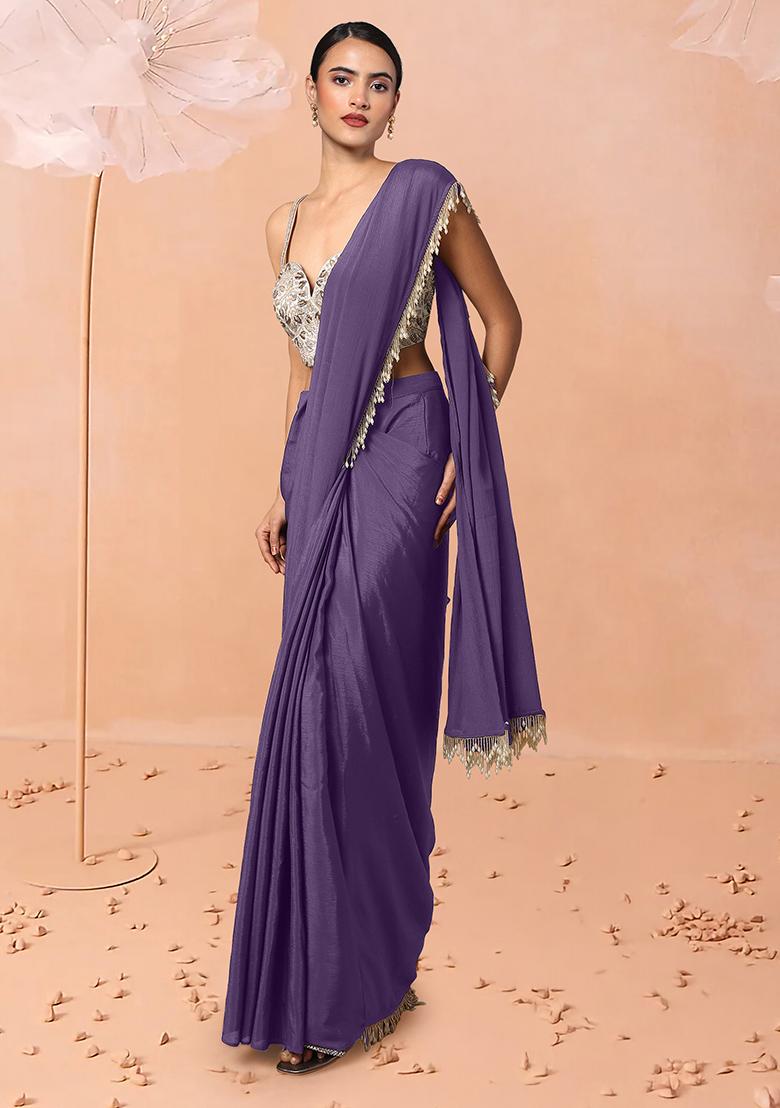 Purple Pre-Stitched Saree Set With Hand Embroidered Blouse